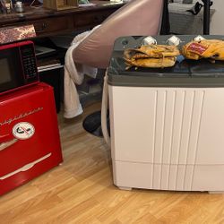 Mini Refrigerator, Microwave, Portable Washing Machine, And Two Baseball Gloves