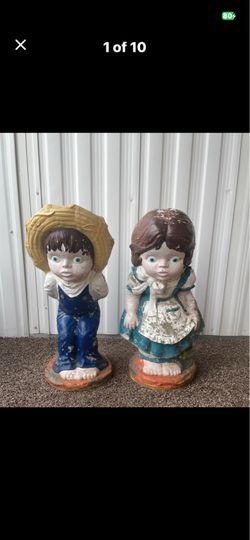 Vintage Dutch Style Boy & Girl Concrete Garden Statues - Matching Pair - 18" & 19"