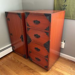 Elegant Vintage Asian-Inspired Red Lacquer Cabinets-As is