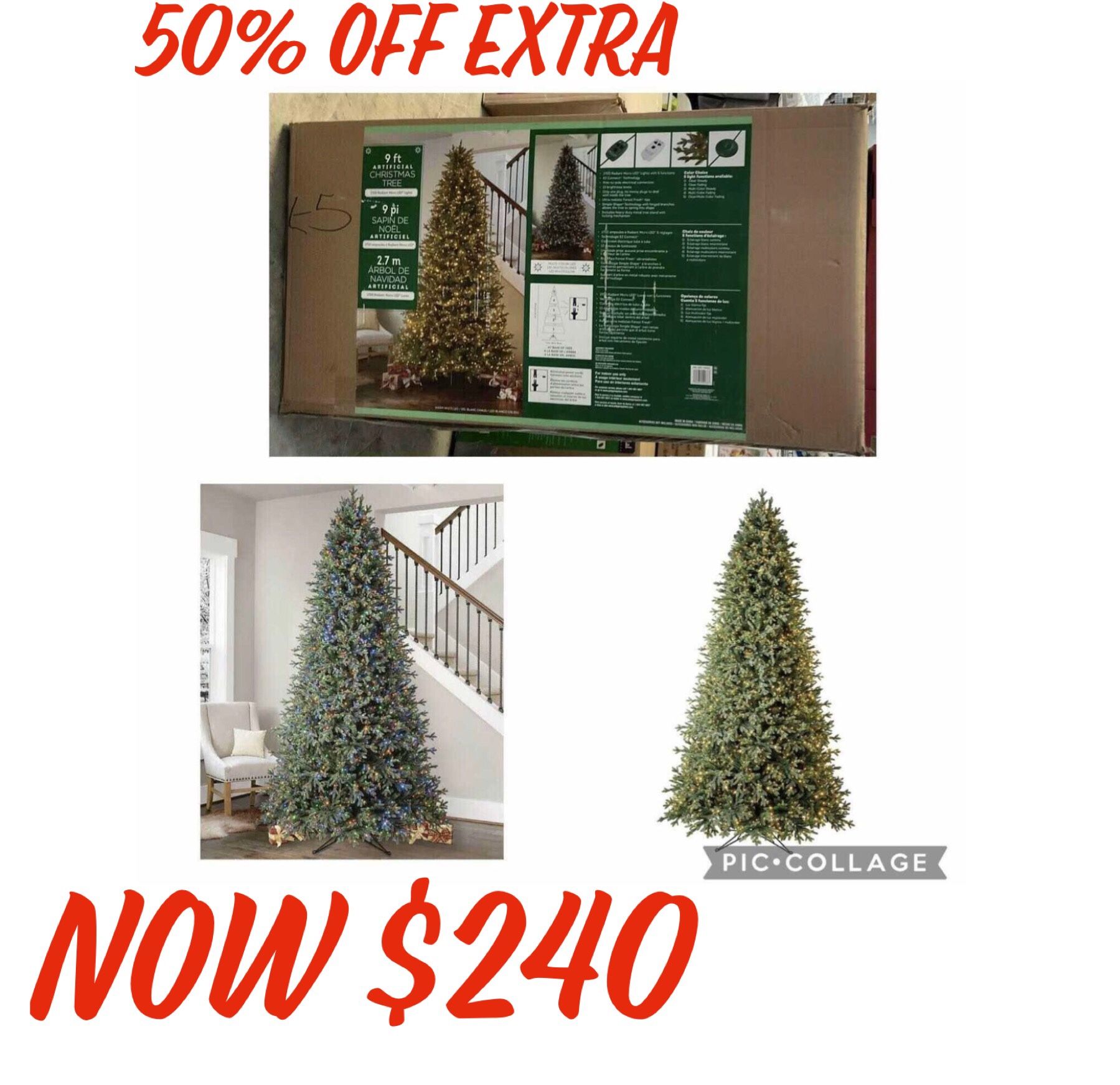 9' Pre Lit Radiant Micro LED Artificial Christmas Tree Preowned