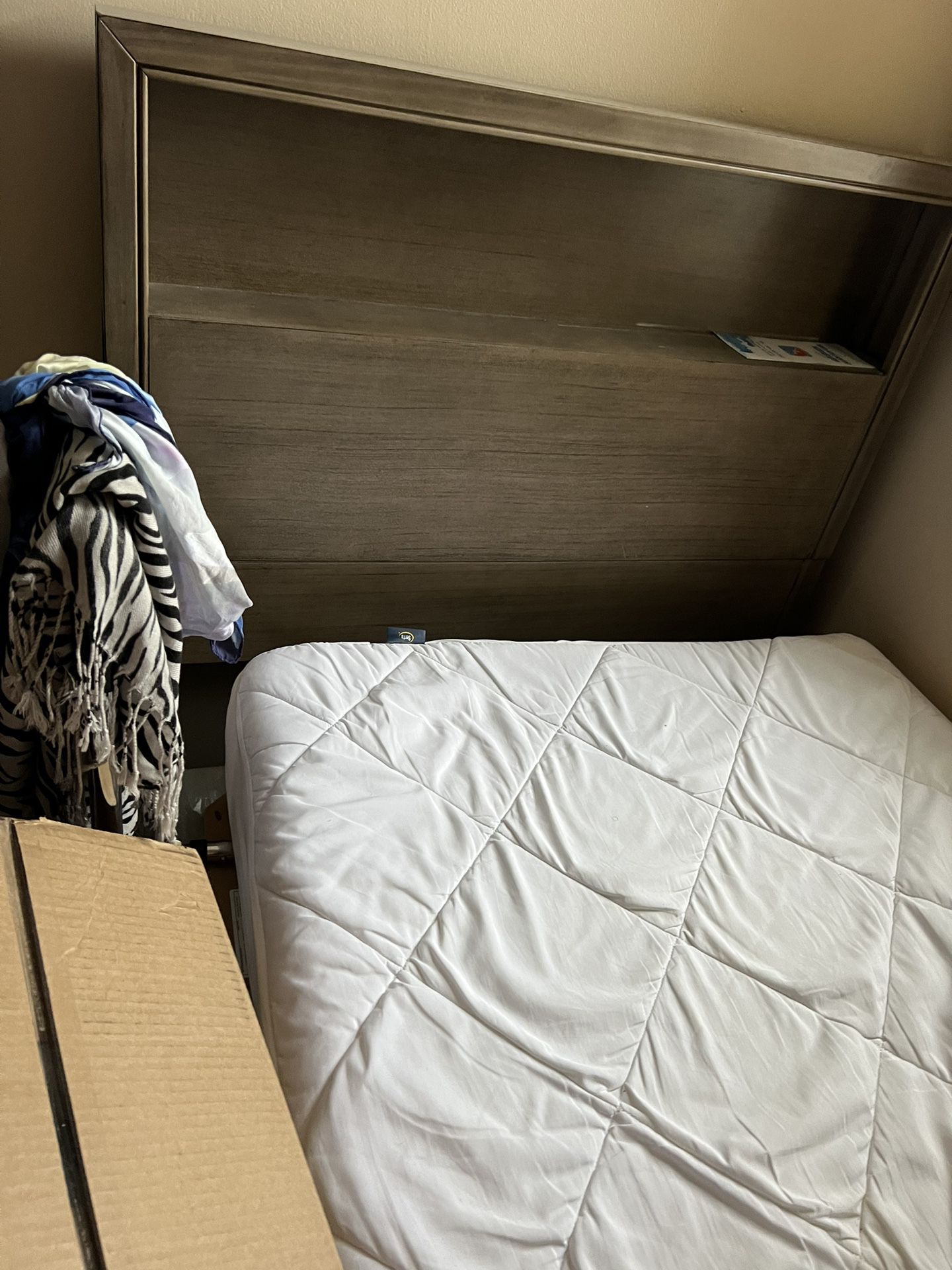 twin bed bookshelf headboard mattress and nightstand 
