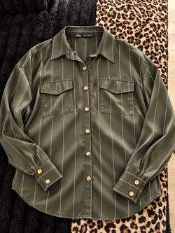 ZARA Olive Satin Pinstripe Blouse / M