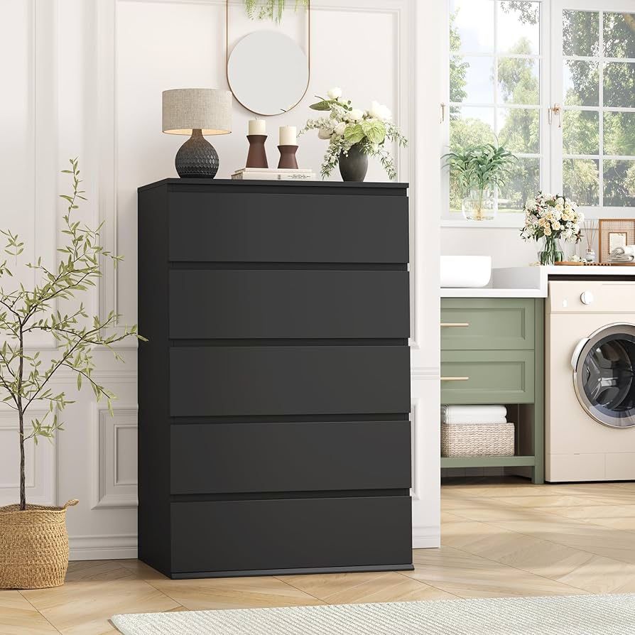Black Dresser, 5 Drawer Dresser Tall Black Drawer with Large Storage Space, Modern Chest of Drawers, 23.6L x 17.6W x 39.1H Inch Storage Organizer Cabi
