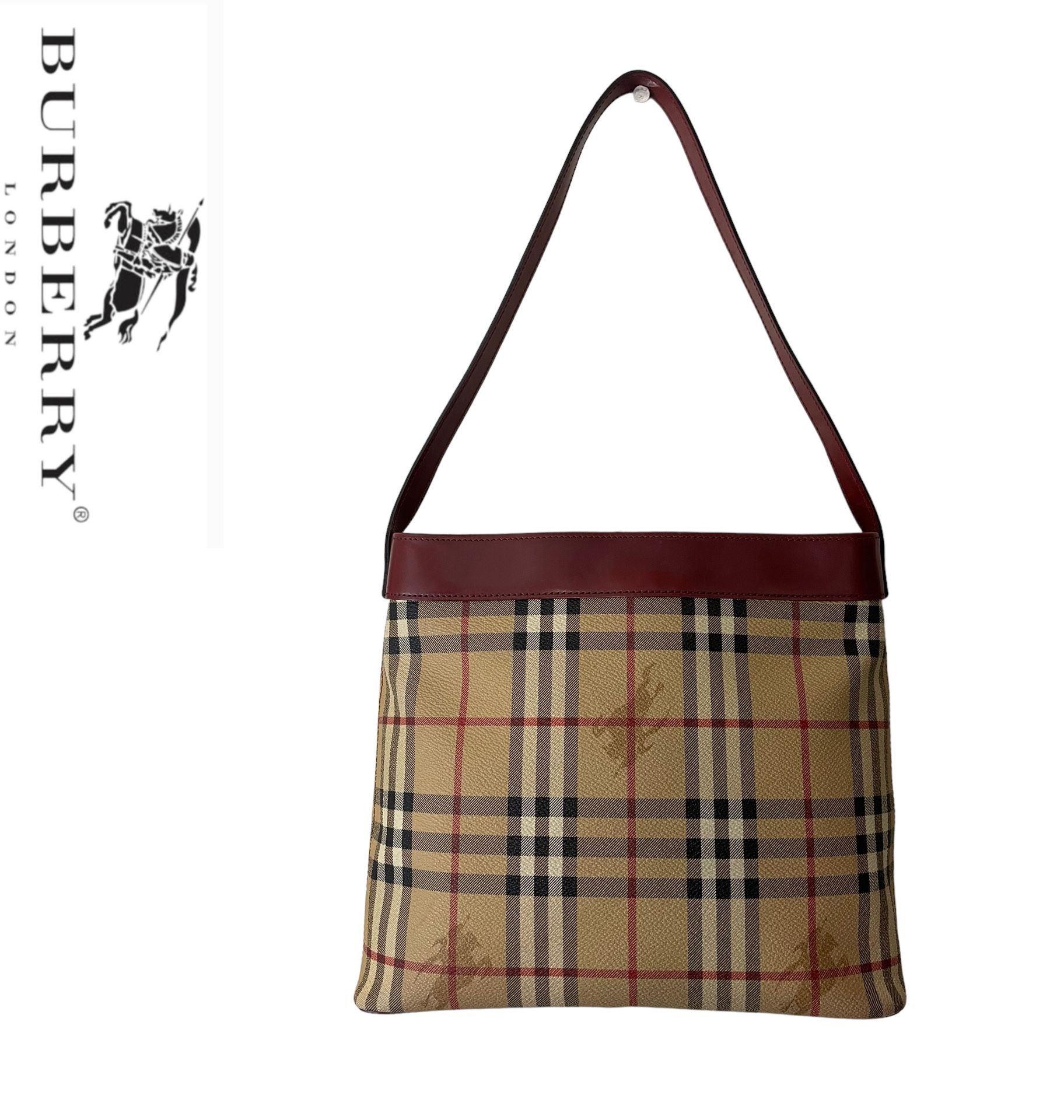 BURBERRY Red Leather Haymarket Check Coated Canvas Shoulder Bag