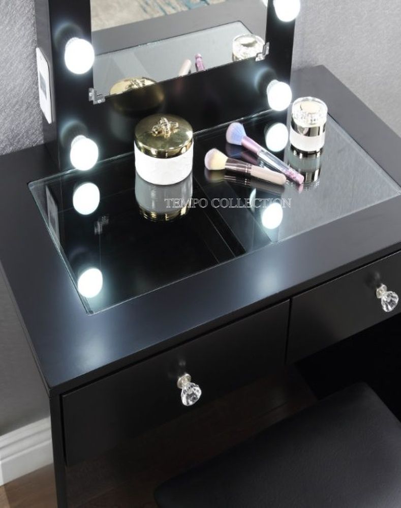 Black Makeup Vanity With 10 Lights and USB and Power Outlet And Stool, Black Color, SKU#10HM7878BK-15