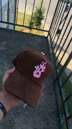 Brown Trucker Hat with Pink Flame Cross Patch