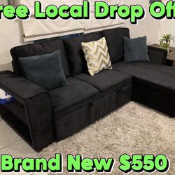 Velvet Black Sectional Couch 🛋️ Brand New‼️ Shelves ✅  USB port ✅  Side pocket ✅  Reversible L ✅  Storage Underneath ✅  Pull Out Bed ✅