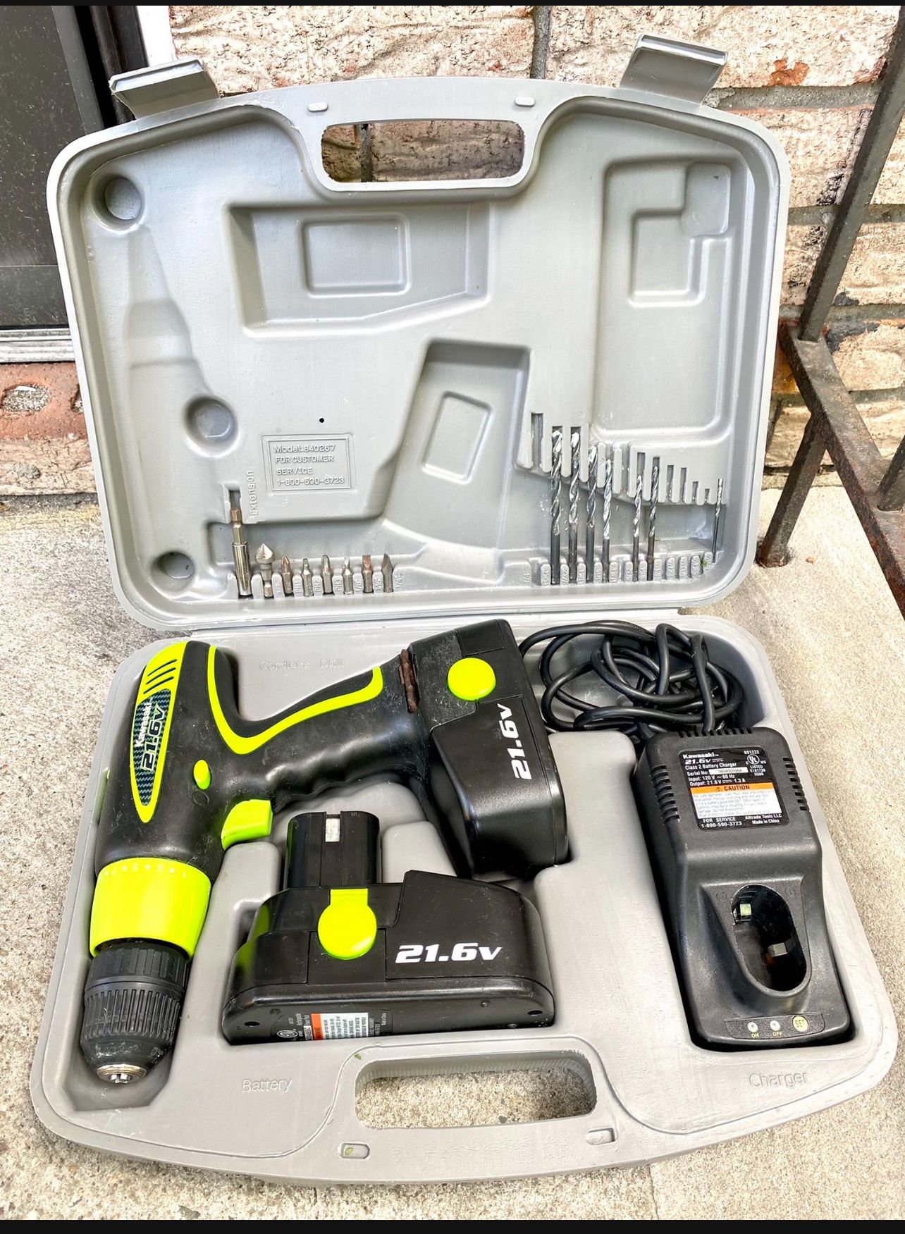 Kawasaki 21.6V Cordless Drill 2 Batteries Charger Bits Case