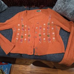Vintage-Style Embroidered Orange Cardigan Size large