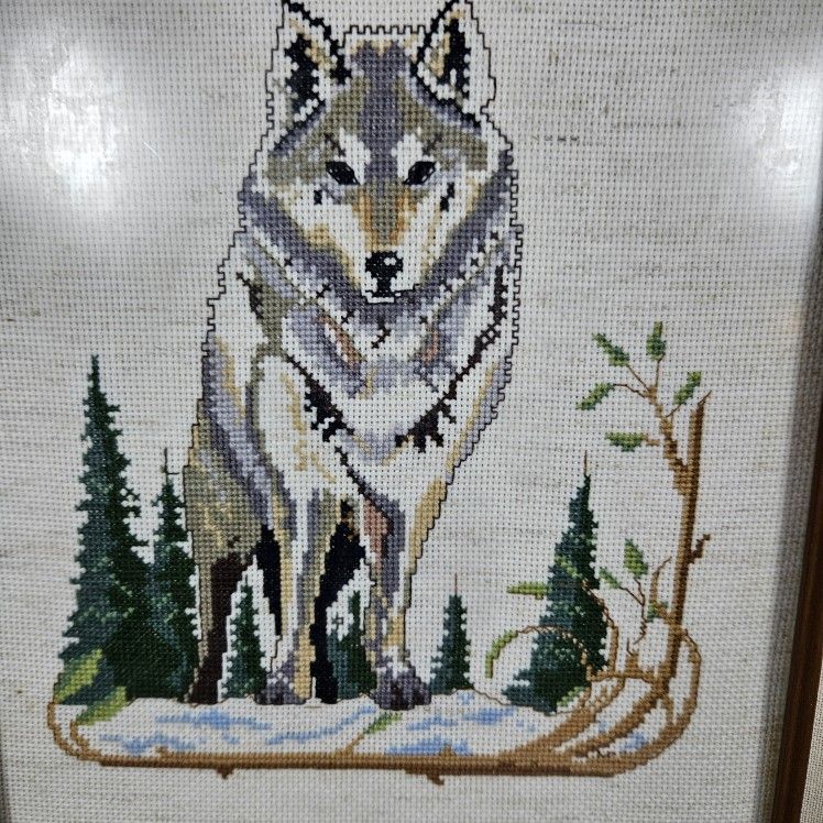 Wolf Hand Sewn Cross Stitch Framed Forest Nature Scene Wall Art 12.5" W X 14.5 H