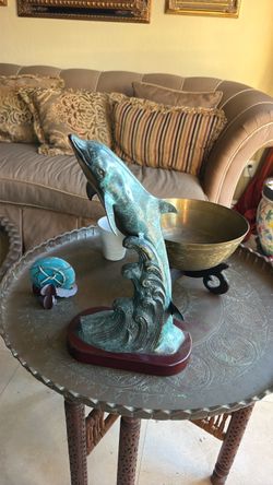 Bronze Verdigris Dolphin Sculpture on Wood Base