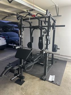 Vesta Fitness Smith Machine 2001 w/Bench Attachment | 230lb Bumpers Weights | 7ft Olympic Bar | Fitness | Gym Equipment | FREE DELIVERY & INSTALL🚚