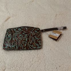 Patricia Nash Leather Wristlet, Brown and Turquoise 