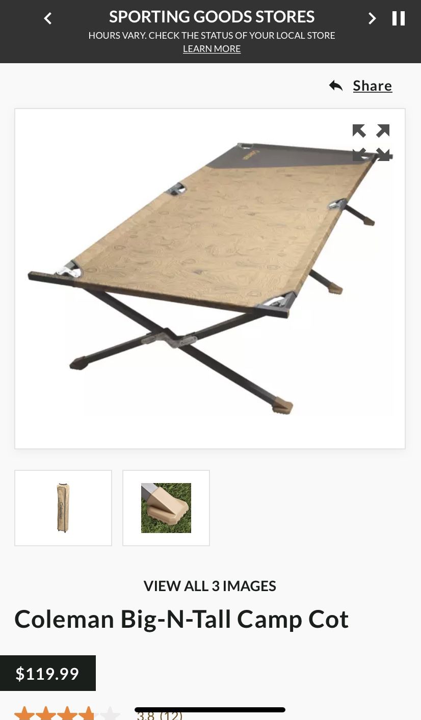 Camping Cot 3 For $90