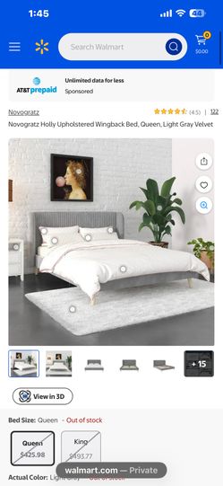 New In Box Novogratz Holly Upholstered Wingback Bed, Queen, Light Gray Velvet