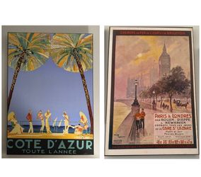 Vintage poster Giclee Prints on Wood Mount art (sold as pair)