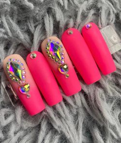 long square neon pink press on nails rhinestones ombré matte