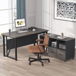 Grey L-Shaped Computer Desk, 55" Executive Desk and Mobile File Cabinet 