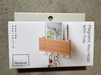 YAMAZAKI Home Rin Magnetic Wall Organizer - Key Hooks & Tray for Storage - Steel + Wood