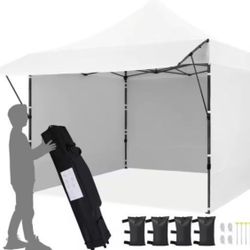 Pop Up 10x10Canopy Tent Heavy Duty with Awning, Sidewalls, Sand Bags and Rolling Bag.