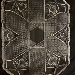 Vintage crystal 12.5 x 10etched saw tooth cut  serving relish platter