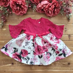 18MOS TWO-TONE SCARLET RED LACE THREE QUARTER BELL SLEEVES FLORAL PRINT SPECIAL OCCASION DRESS