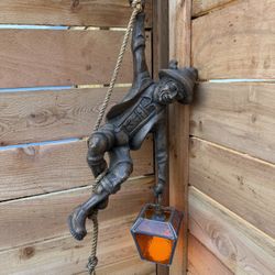 Vintage German Black Forest Carved Mountain Climber w/ Lantern Hanging Slag Lamp