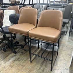 CHITA Modern Counter Height Bar Stool Set of 2, 27 inch Counter Stool with Back & Metal Legs, Faux Leather in Saddle Brown