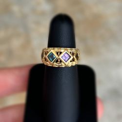 Vintage Jewelry 14k solid yellow gold purpurite garnet aquamarine stone 3.50TW ring size 7.0
