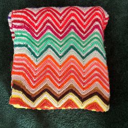 Vintage Multi Color Chevron Afghan 70’s Hand Knit