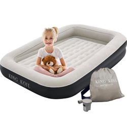 King Koil Premium Inflatable Toddler Travel Bed with Built-in Safety Bumper, Portable Air Mattress Airbed for Kids Travel, Includes High-Speed Pump - 