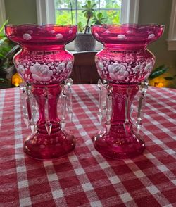 Pair of Antique Cut Glass Cranberry Lusters