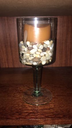 Decorative glass, pebbles & candle