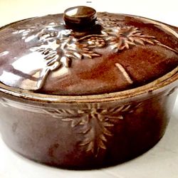 Pre WWII Lidded Crock Bowl Bennington Rockingham Earthenware BlackBerry Motif