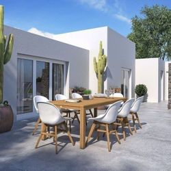 BRAND NEW Open Box 9 Piece 100% FSC Solid Wood Table With White Chair Patio Dining Set | Ideal Furniture Set For Outdoor