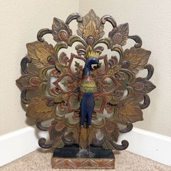 Hand-Carved Albasia Wood Peacock