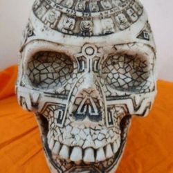 Vintage Reproduction Mesoamerican Maya Aztec Gods Skull Statue with Tribal Tattoo Figurine; Relief carvings around the entire skull.
