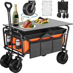 Heavy Duty Folding Beach Wagon, Collapsible Foldable Garden Cart with Big All-Terrain Wheels