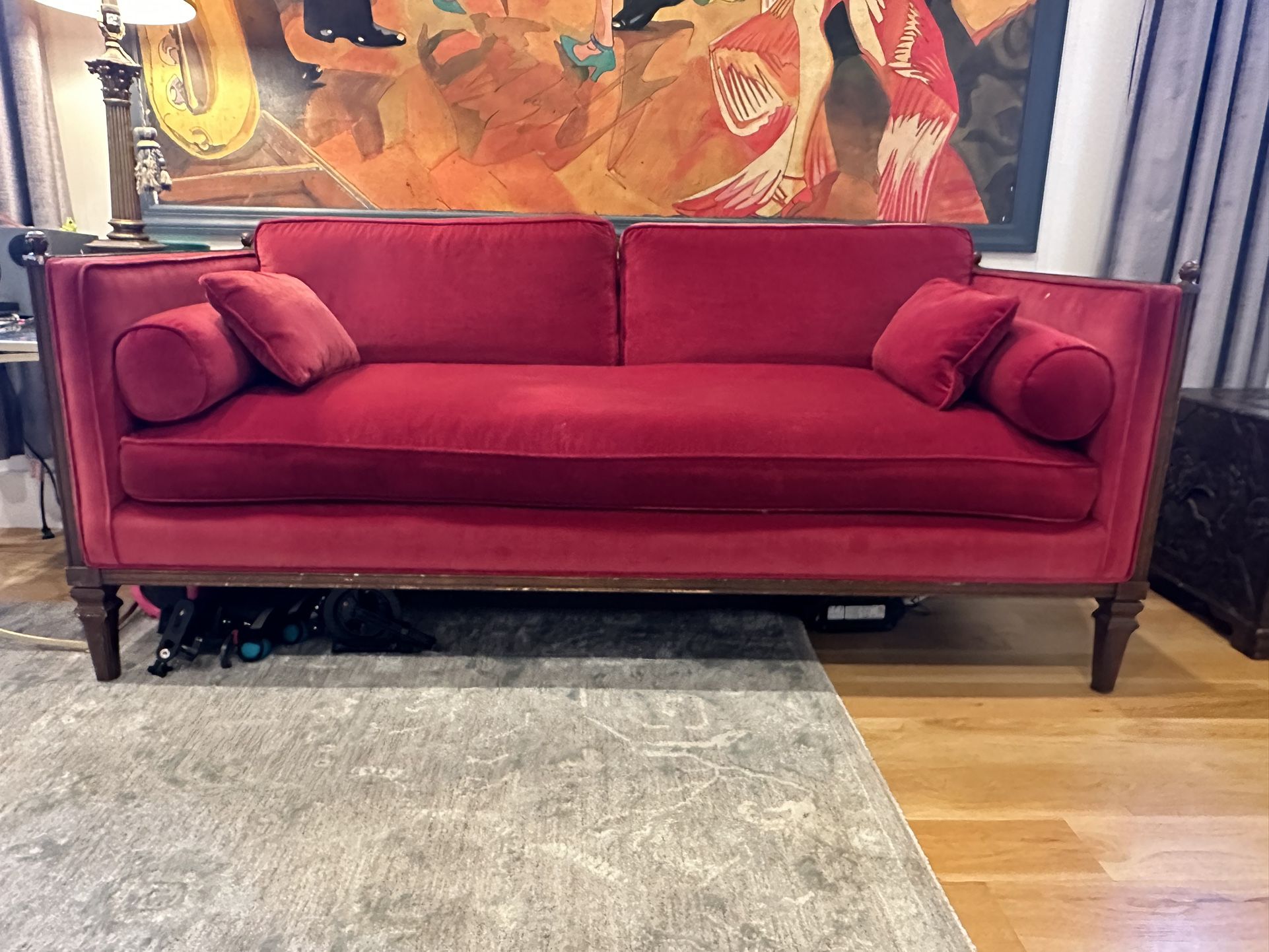 Red Velvet Couch With Six Legs 