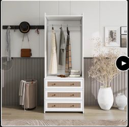 Wardrobe with 3 Drawers High Wardrobe Armoire with Rattan for Living Room, Bedroom Organizer