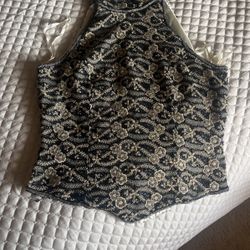 dressy blouse, black gold embroidered halter