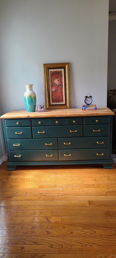 Stunning beautiful refinished dresser real wood in green color 
