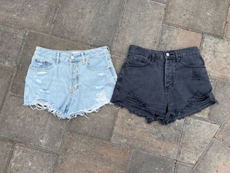 Lot of 2 PacSun High-Waisted Distressed Denim Shorts, Light Wash & Faded Black S