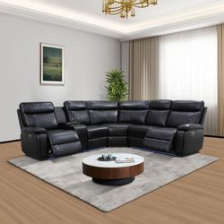 Dark Breathable Semi PU Leather Living Room Left Side Recliner Multifunctional Sofa Set | power reclining | modern