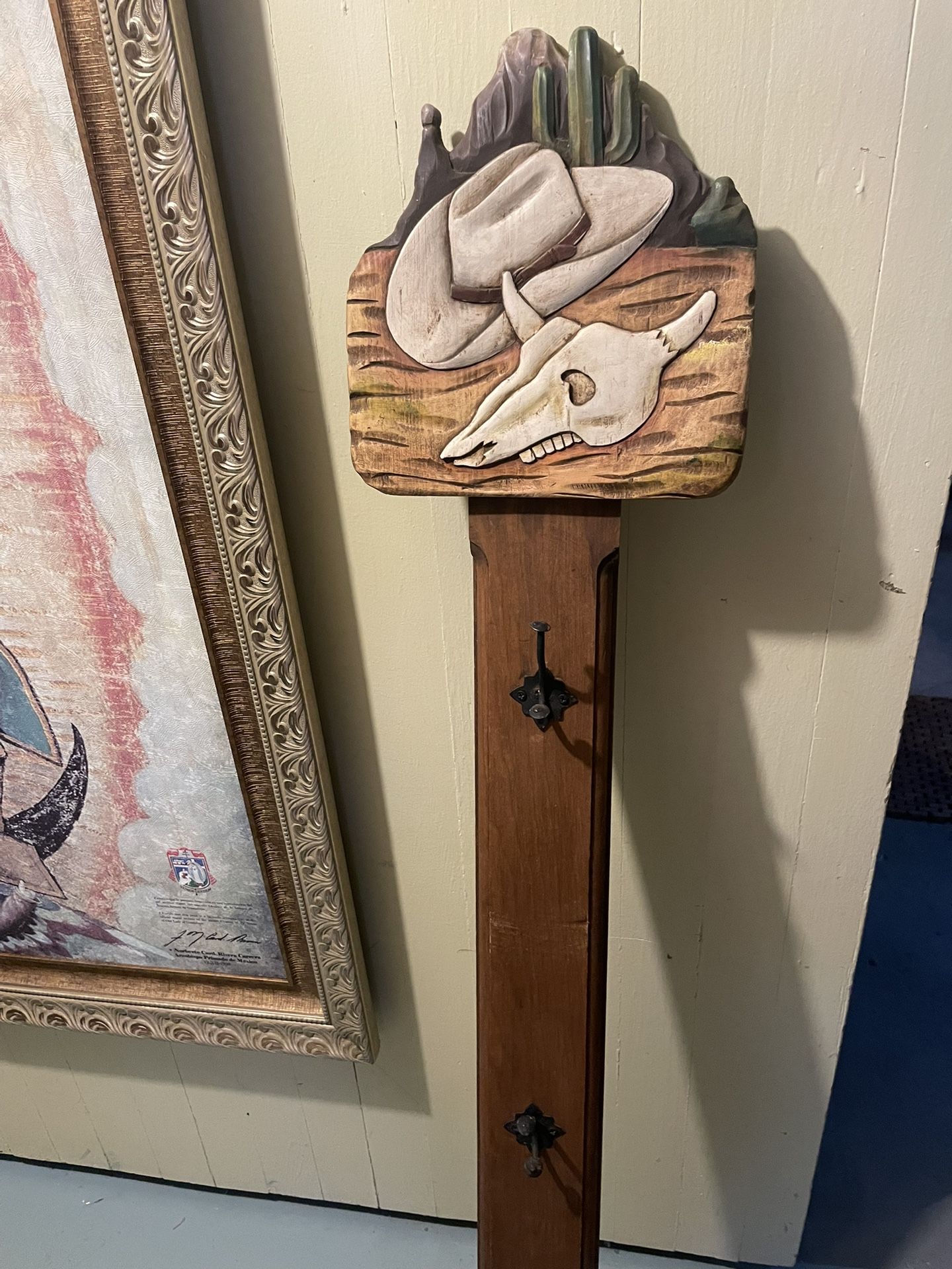 New 5 Ft Wood Carved Horned Cow Skull Coat hanger iron hooks. Artisan made Mexico