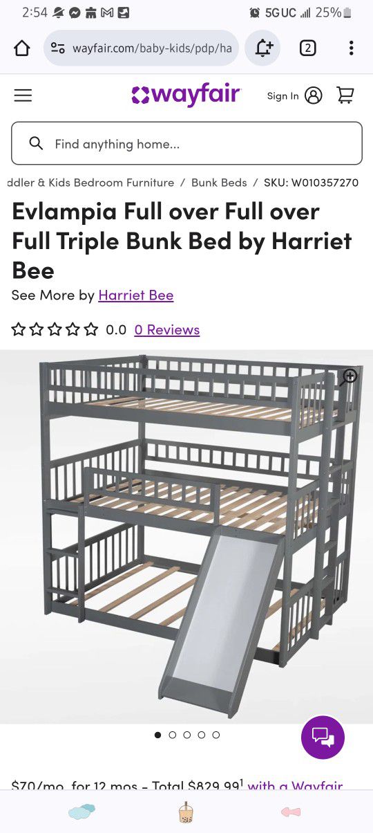 Triple Bunk Bed Full/Full/Full Grey Wood 