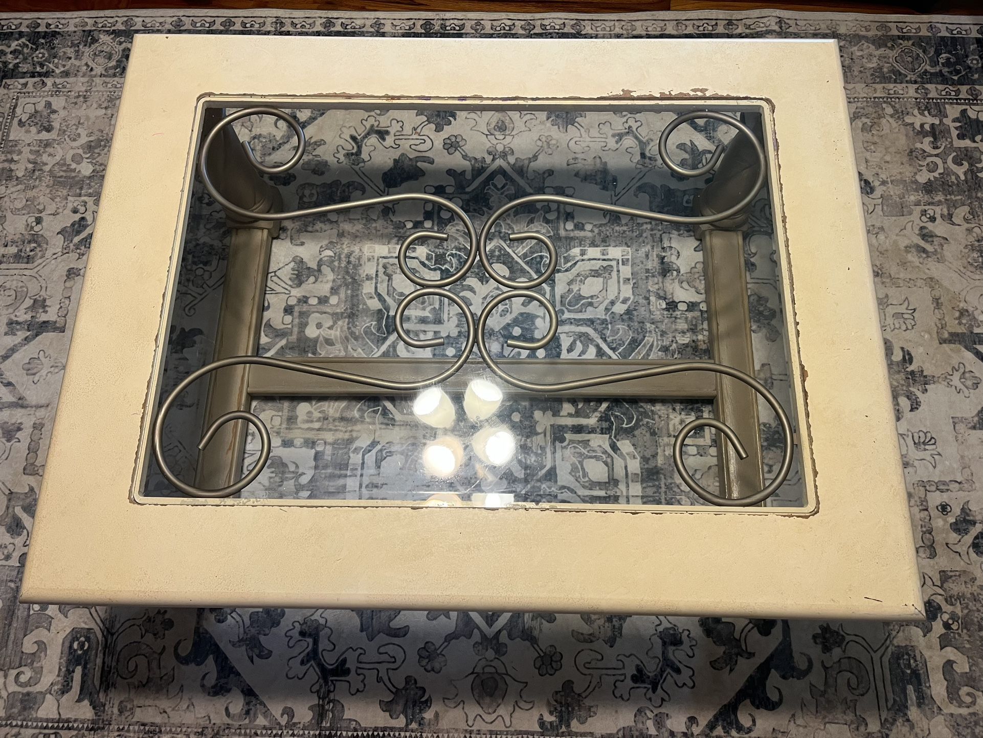 Ornate Glass Top Wood Coffee Table Living Room White 
