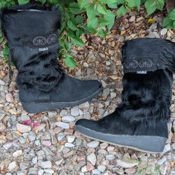 Vintage Tecnica Skandia Italian Fur Boots Women's Size 42 (US 10) Mid Calf Black
