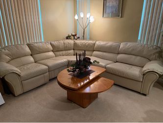 Genuine Leather L-Shaped Sectional Couch with Recliner, Sleeper Bed & Wood Coffee Table