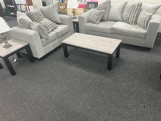 Smoke Grey Sofa & Loveseat Set with Coffee Table & Lamps